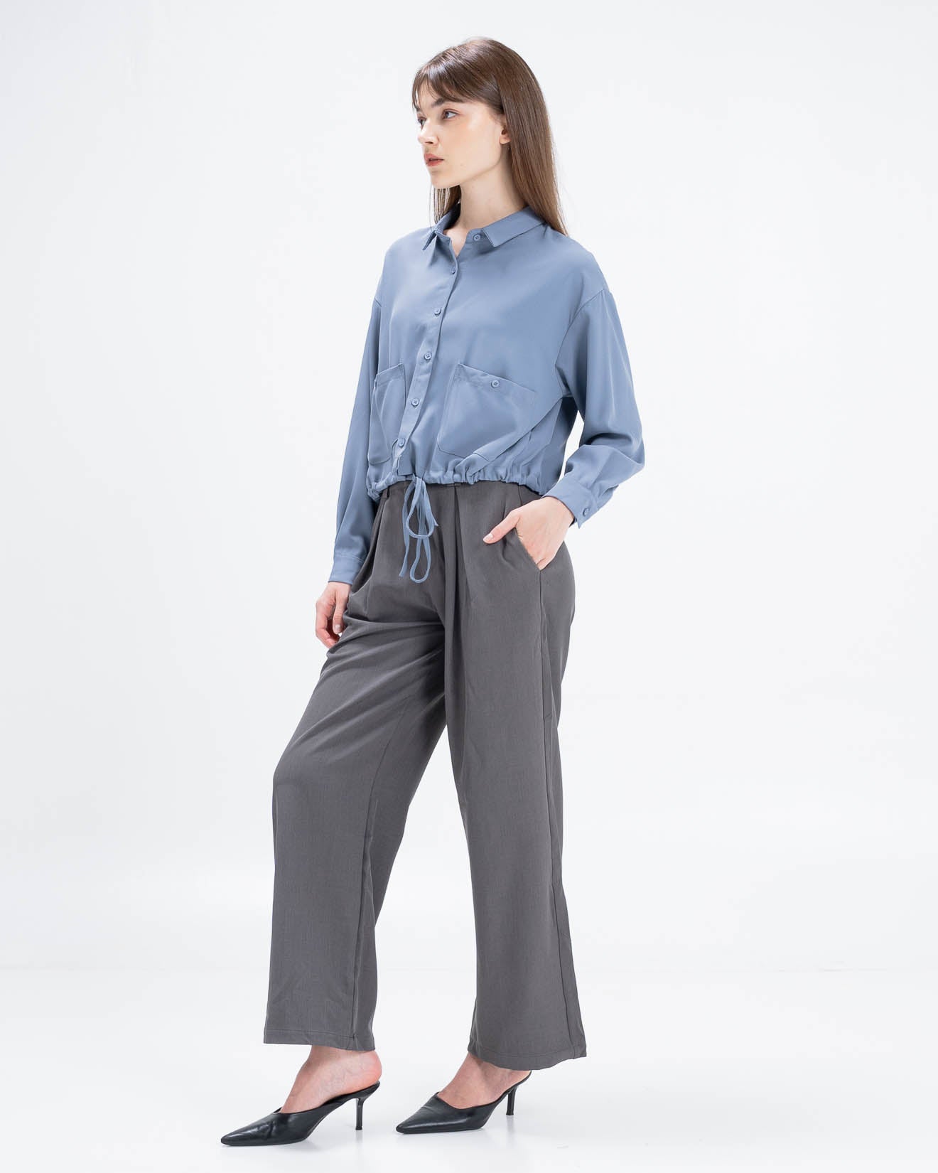 Charlie Cropped Blue Shirt – Atasan Wanita Lengan Panjang - 189235