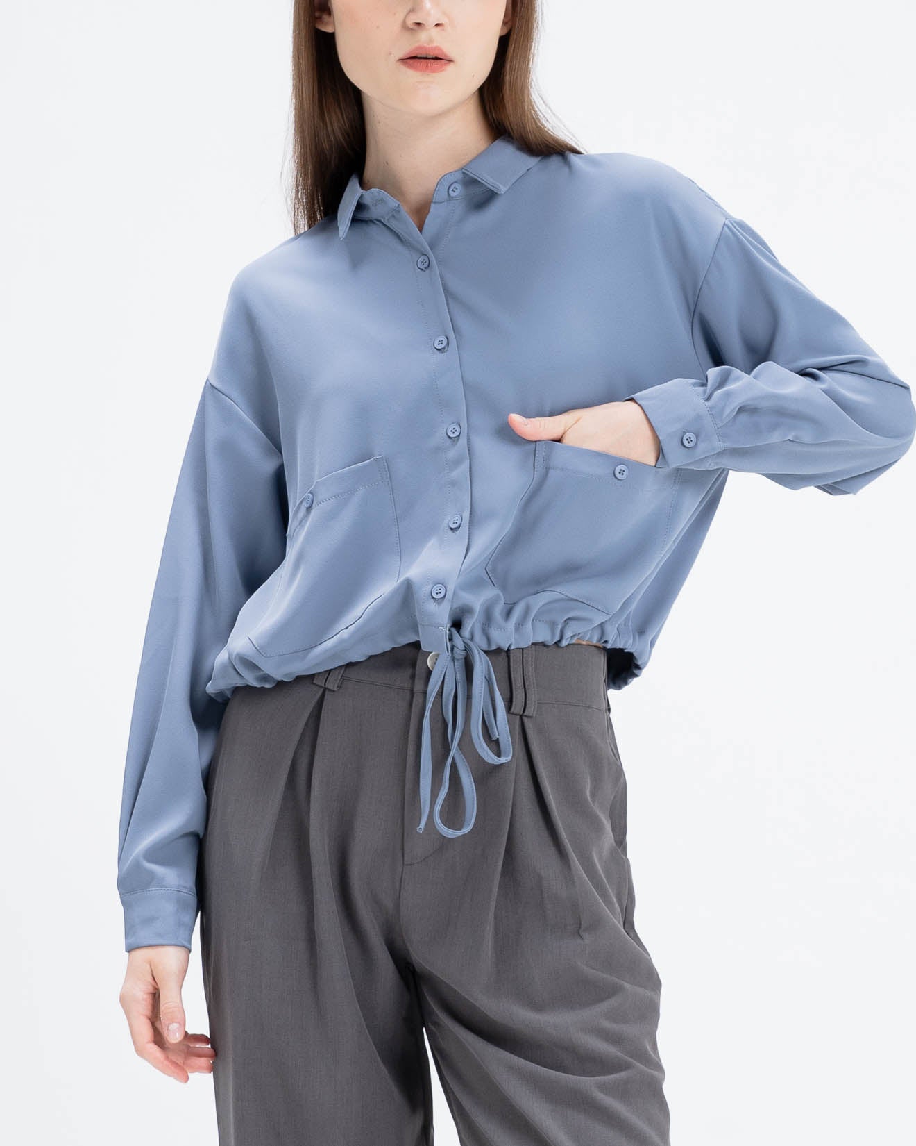 Charlie Cropped Blue Shirt – Atasan Wanita Lengan Panjang - 189235