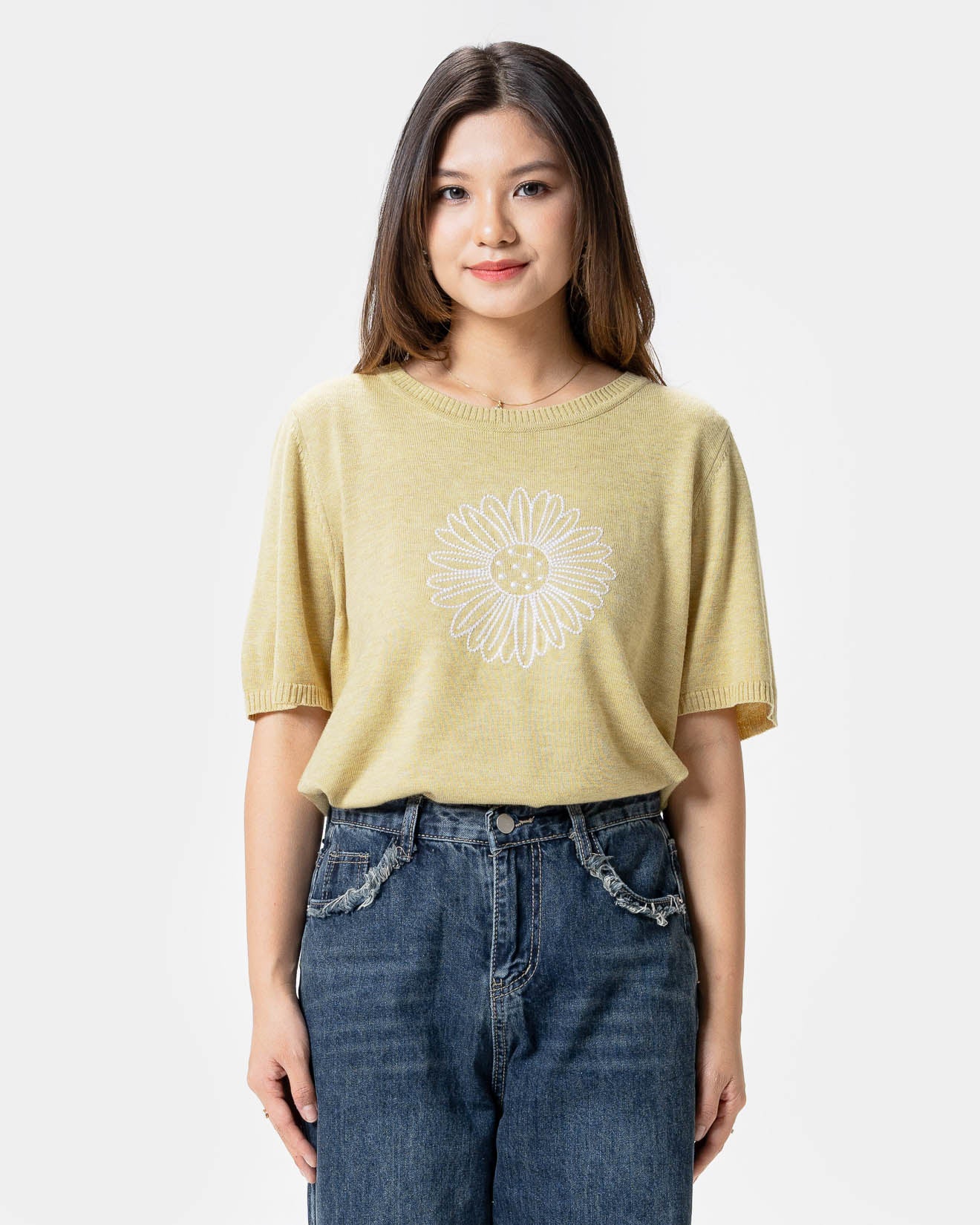 She Blooms- EA Chiara Sunflower Embroidery Knit Yellow Top - Atasan Wanita Korea - 189355