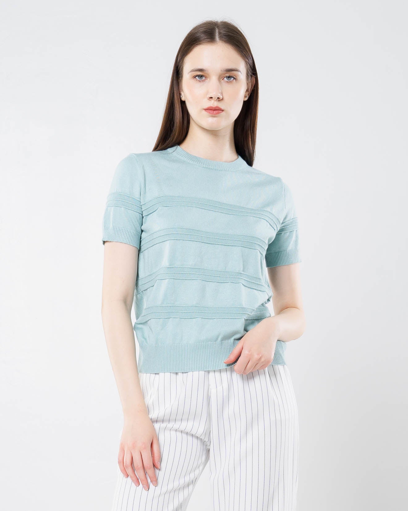 Naomi Knit Textured Blue Top –  Atasan Wanita Lengan Pendek -189366