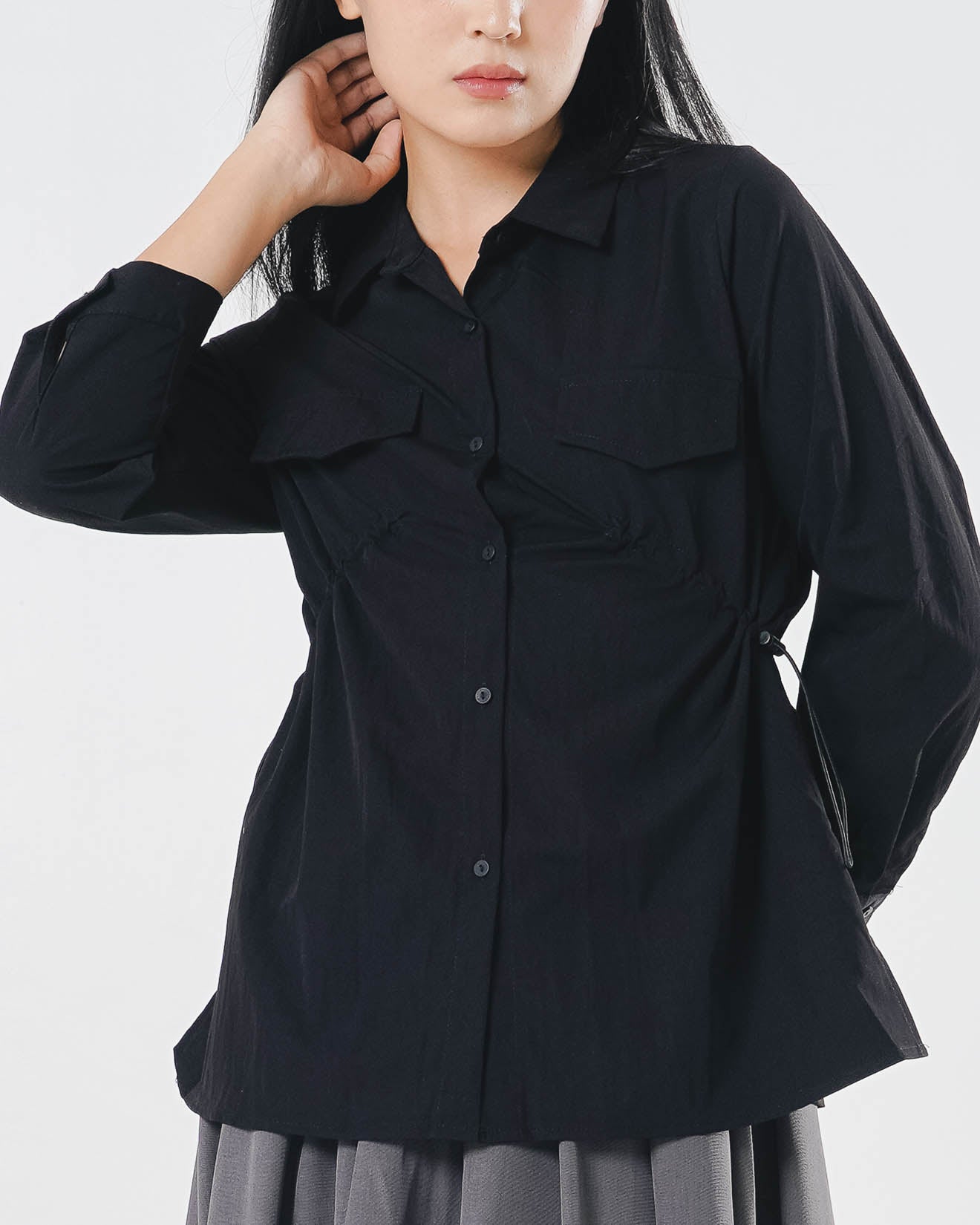 Raline Drawstring Black Shirt – Baju Atasan Kemeja Wanita Lengan Panjang - 189406