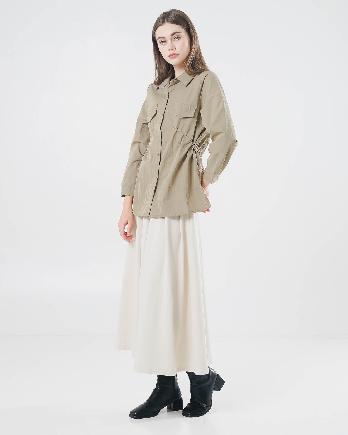 Raline Drawstring Brown Shirt – Baju Atasan Kemeja Wanita Lengan Panjang - 189407