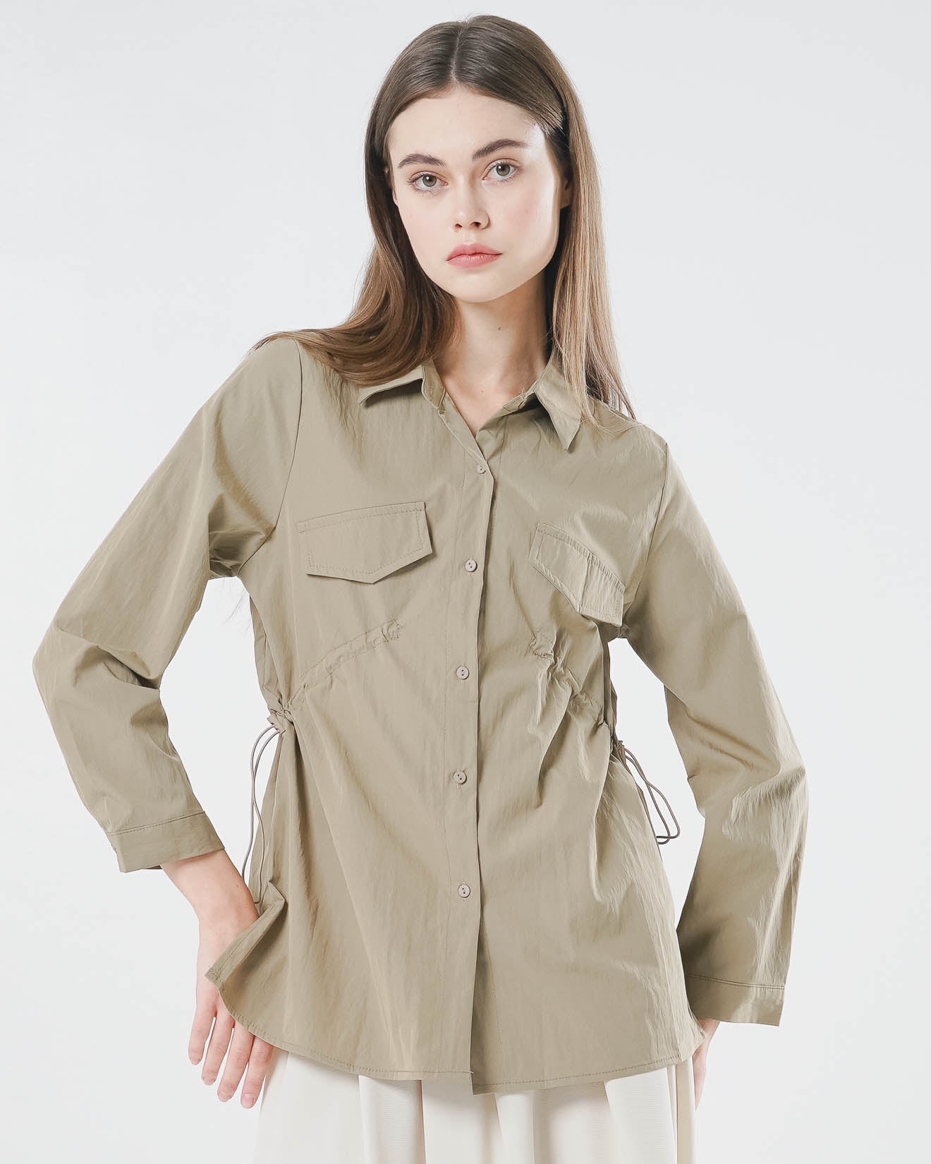 Raline Drawstring Brown Shirt – Baju Atasan Kemeja Wanita Lengan Panjang - 189407