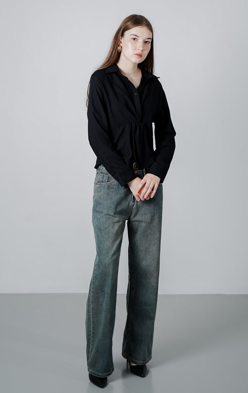 Mimosa Fitted Black Blouse - Atasan Wanita Kekinian Lengan Panjang - 189435
