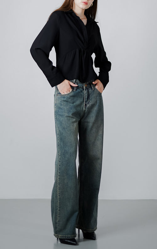Mimosa Fitted Black Blouse - Atasan Wanita Kekinian Lengan Panjang - 189435