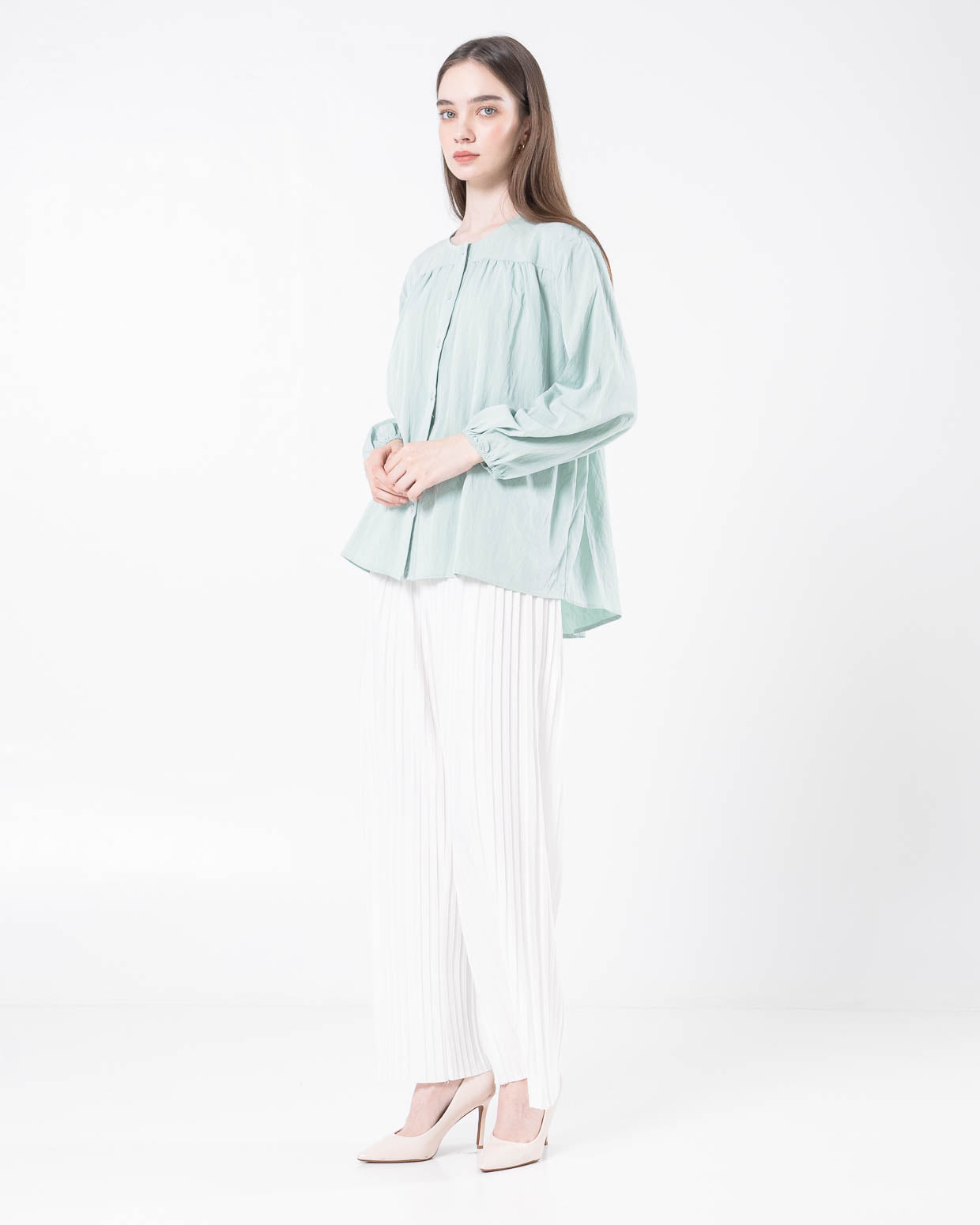 Davika Button Green Sage Blouse  - Kemeja Wanita Korea Hijab - 189440