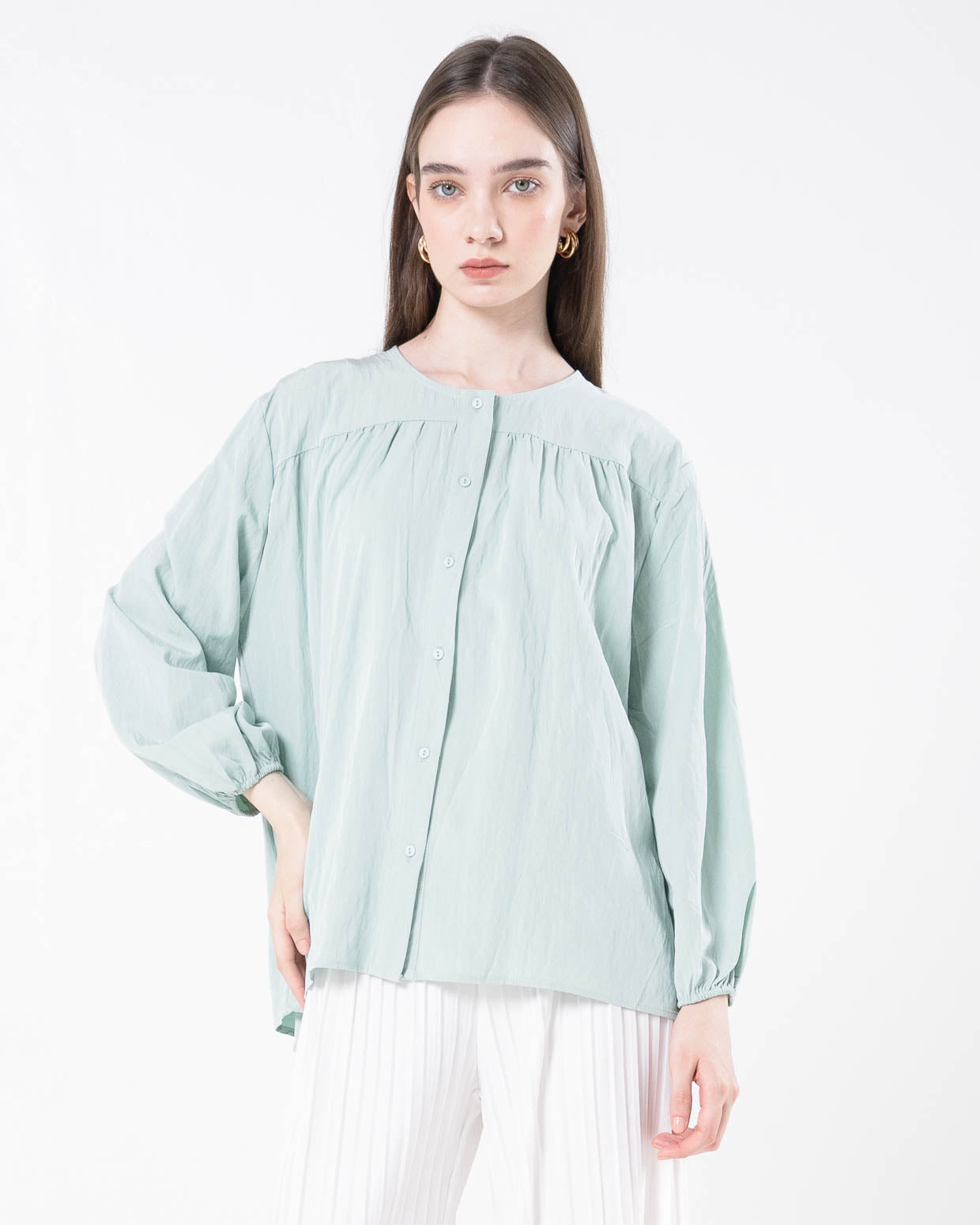 Davika Button Green Sage Blouse  - Kemeja Wanita Korea Hijab - 189440