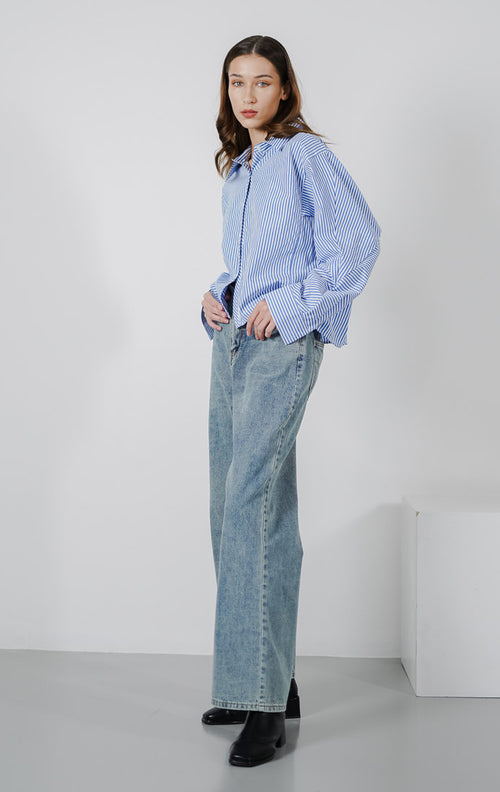 Marsha Oversized Striped Blue Shirt - Atasan Wanita Lengan Panjang Kekinian - 189442