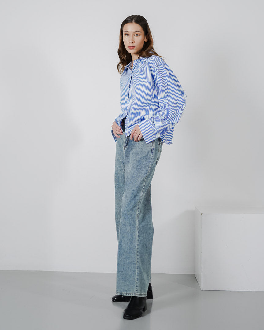 Marsha Oversized Striped Blue Shirt - Atasan Wanita Lengan Panjang Kekinian - 189442