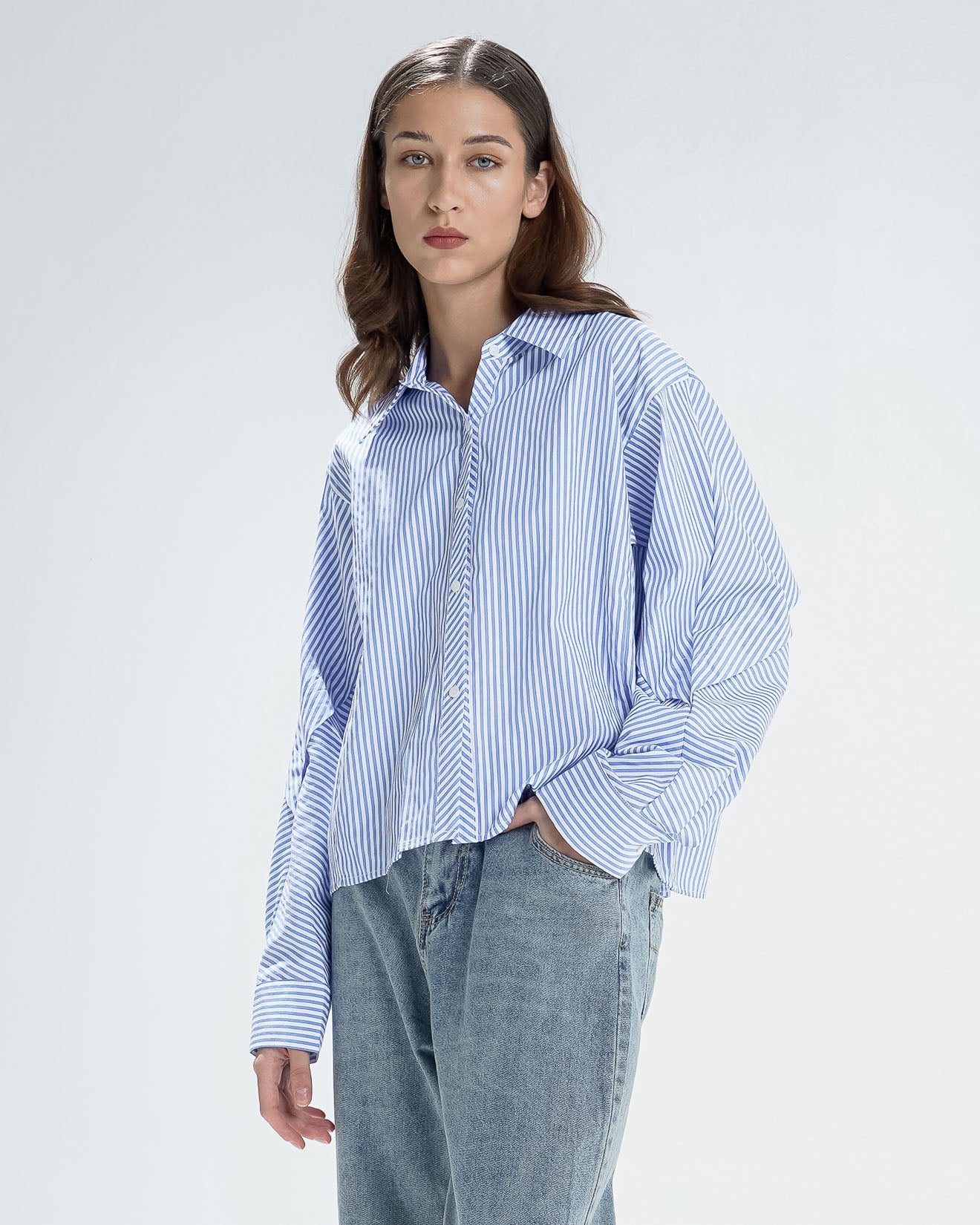 Marsha Oversized Striped Blue Shirt - Atasan Wanita Lengan Panjang Kekinian - 189442