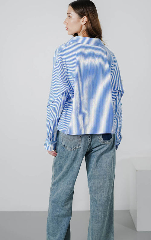 Marsha Oversized Striped Blue Shirt - Atasan Wanita Lengan Panjang Kekinian - 189442