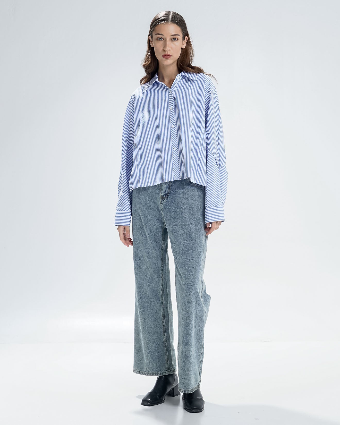 Marsha Oversized Striped Blue Shirt - Atasan Wanita Lengan Panjang Kekinian - 189442