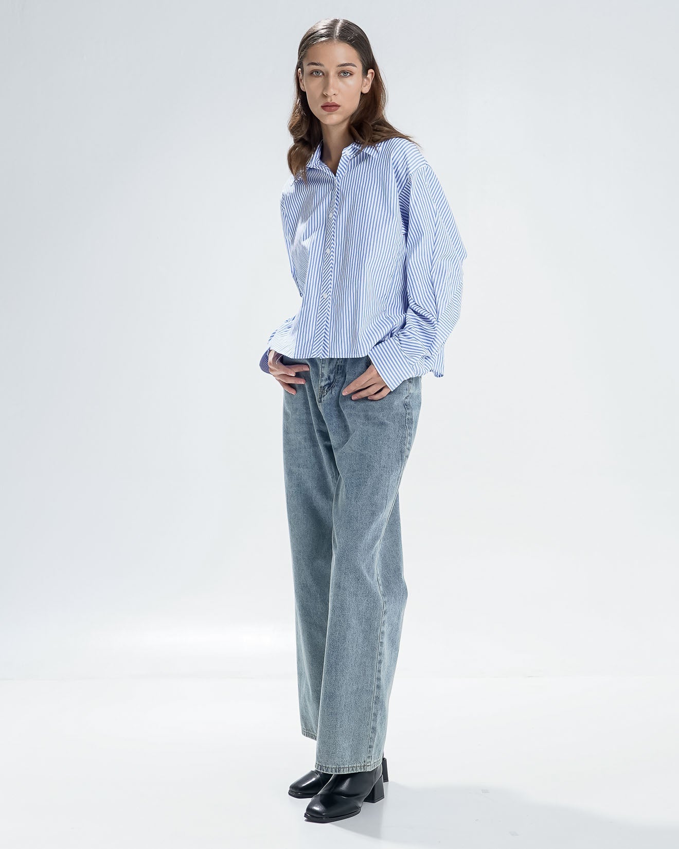 Marsha Oversized Striped Blue Shirt - Atasan Wanita Lengan Panjang Kekinian - 189442