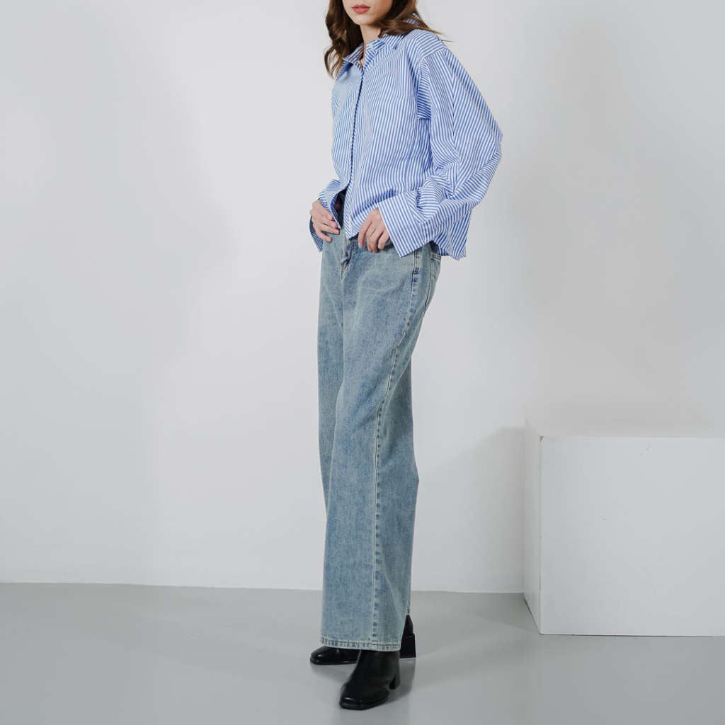 Marsha Oversized Striped Blue Shirt - Atasan Wanita Lengan Panjang Kekinian - 189442