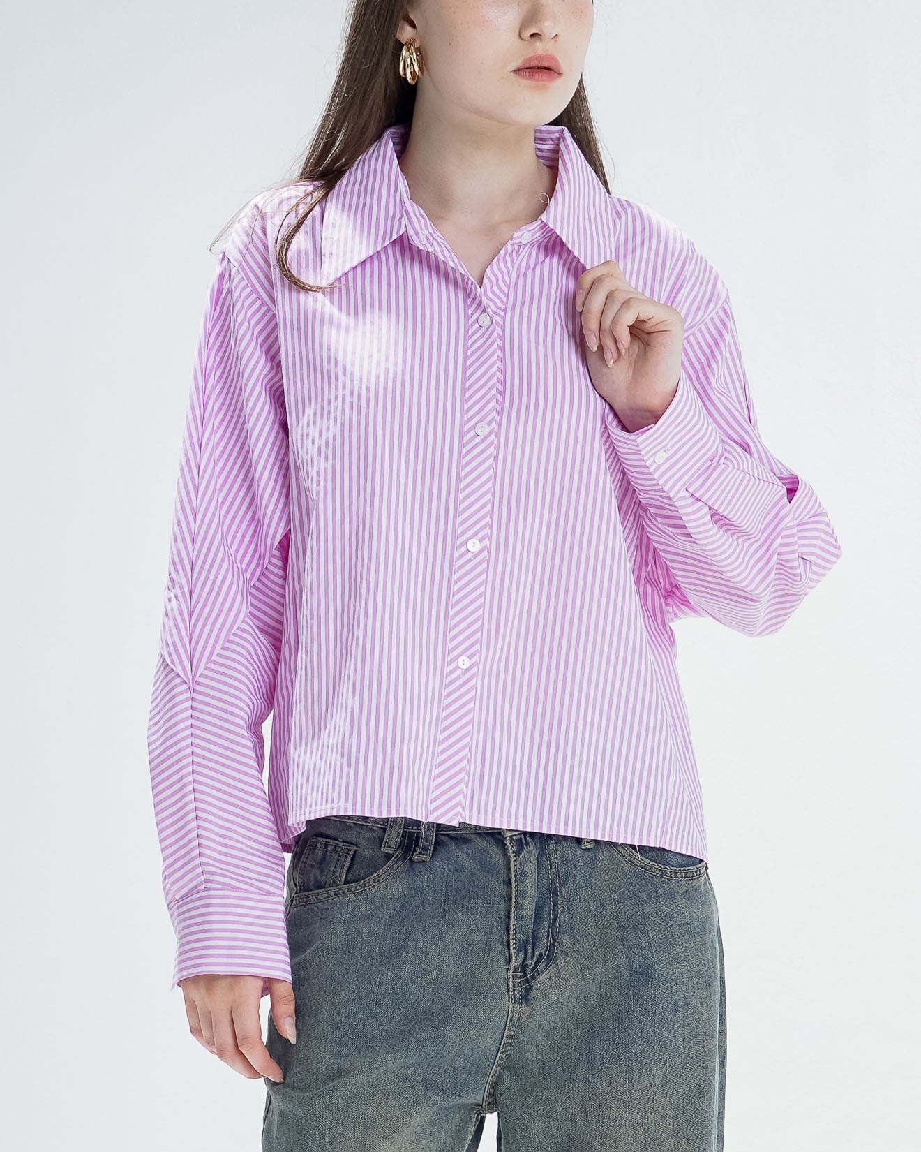 Marsha Oversized Striped Pink Shirt - Atasan Wanita Lengan Panjang Kekinian - 189443