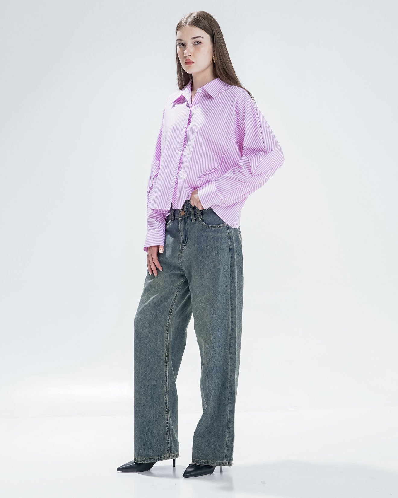 Marsha Oversized Striped Pink Shirt - Atasan Wanita Lengan Panjang Kekinian - 189443