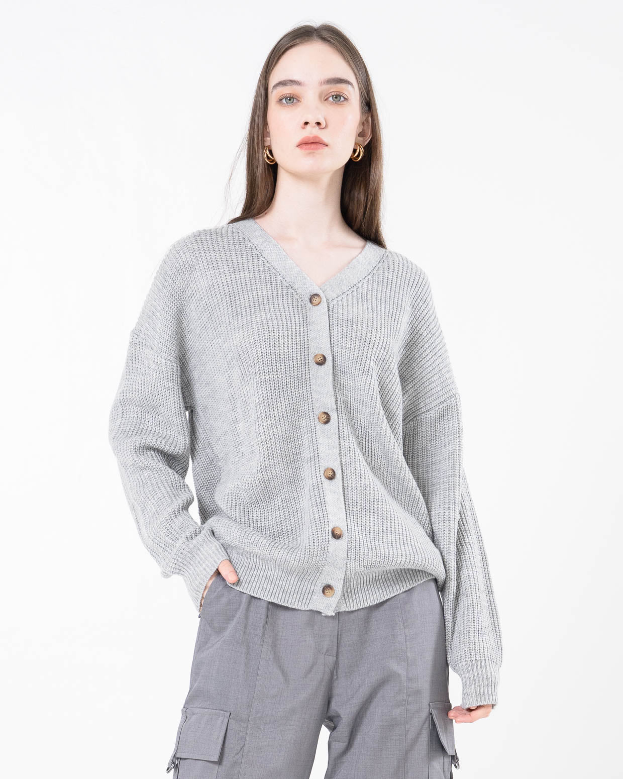 Hoshi Oversized Textured Knit Grey Cardigan - Cardigan Rajut Wanita Lengan Panjang Kekinian - 189456