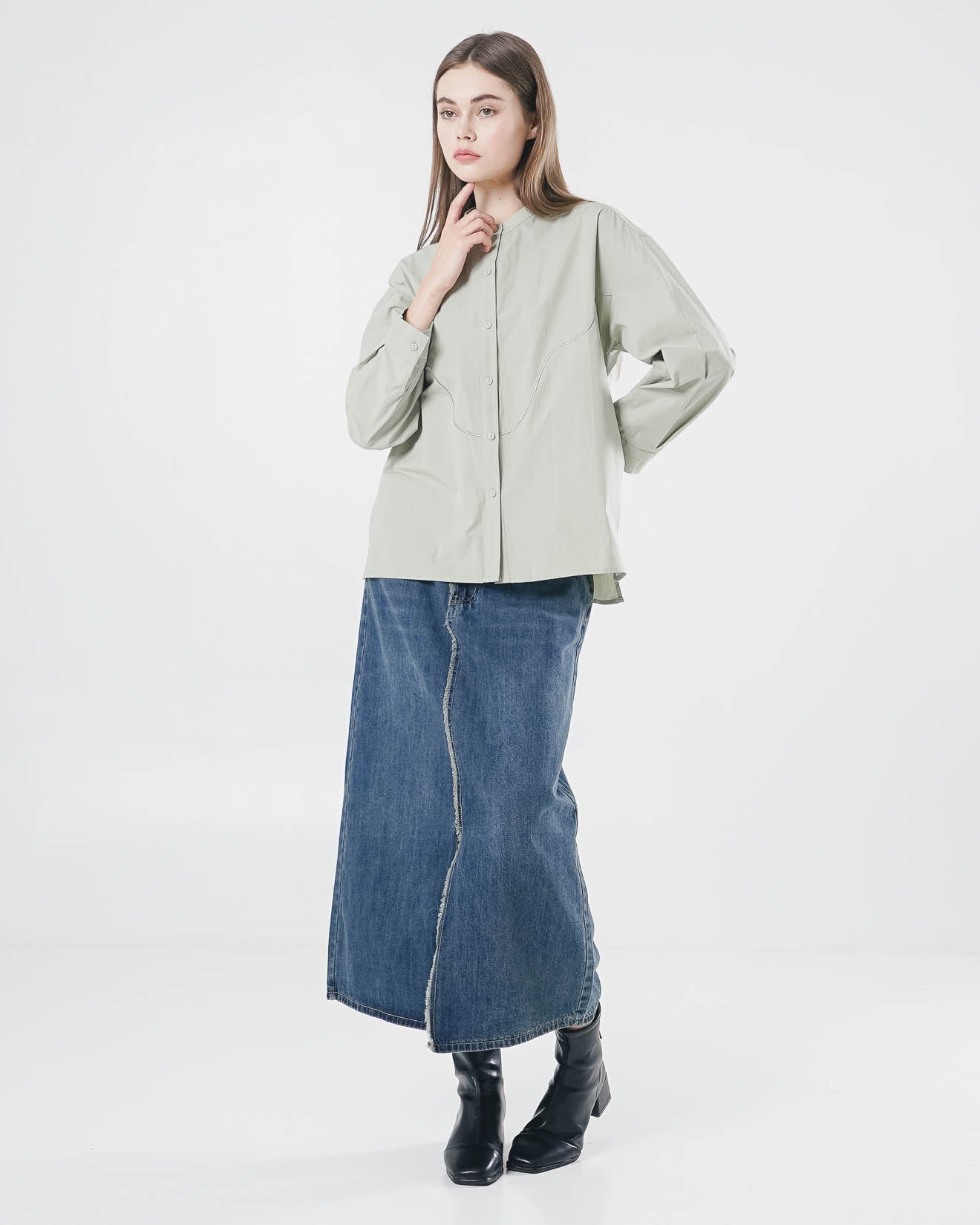 Piana Oversized Sage Shirt – Kemeja Wanita Lengan Panjang Hijab Friendly - 189474