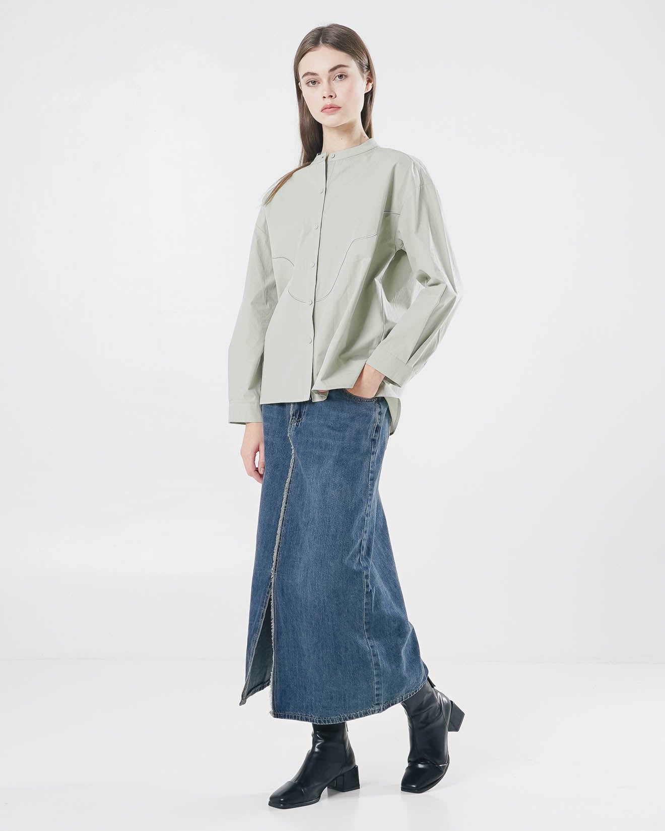 Piana Oversized Sage Shirt – Kemeja Wanita Lengan Panjang Hijab Friendly - 189474