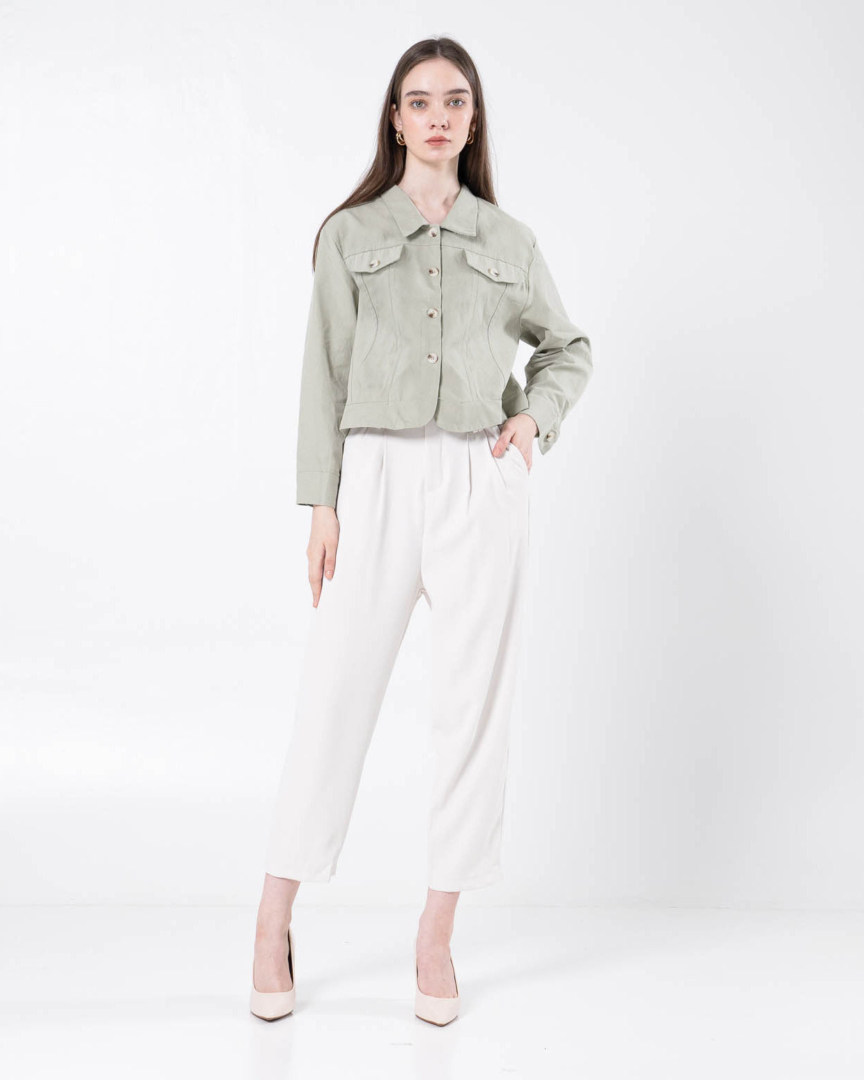 Erise Crop Long Sleeve Green Sage Top - Atasan Wanita Lengan Panjang Kekinian -189706