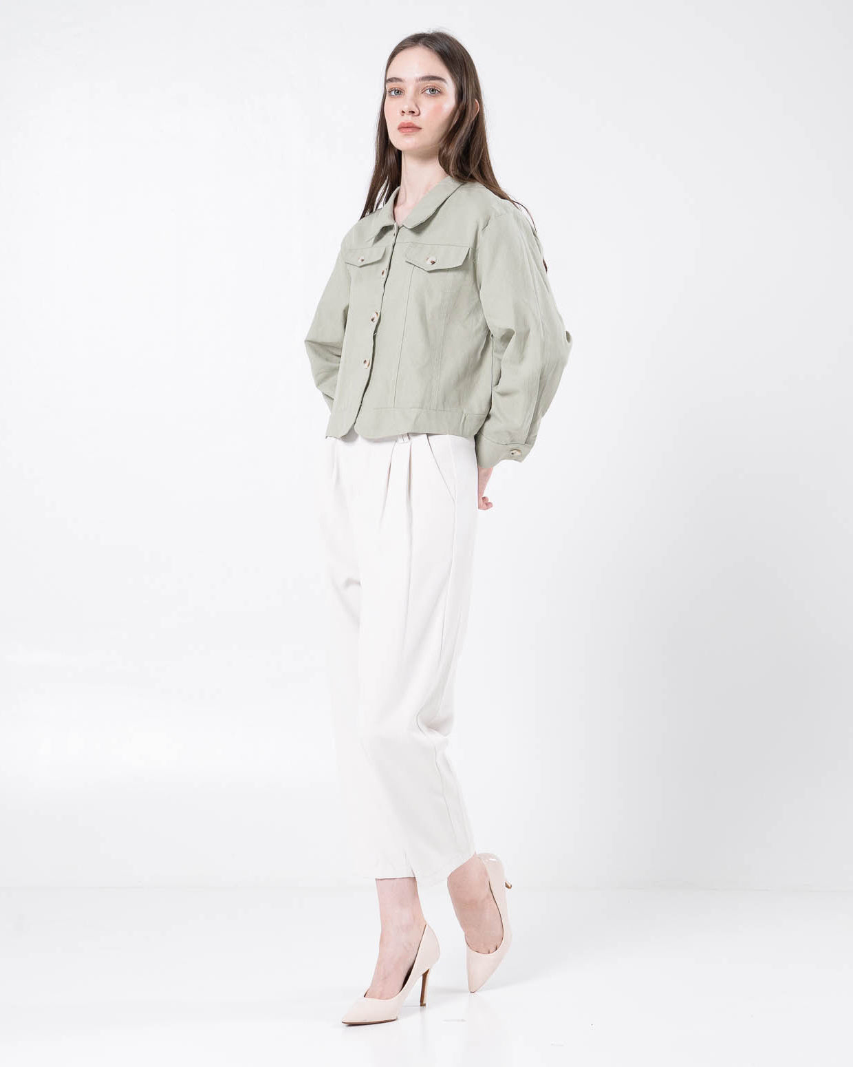 Erise Crop Long Sleeve Green Sage Top - Atasan Wanita Lengan Panjang Kekinian -189706