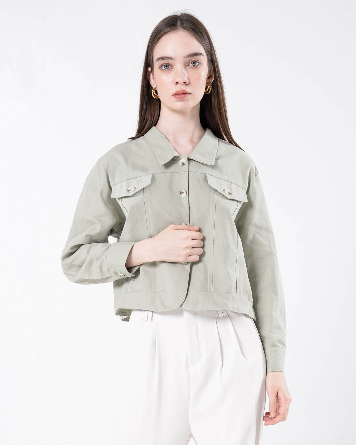 Erise Crop Long Sleeve Green Sage Top - Atasan Wanita Lengan Panjang Kekinian -189706