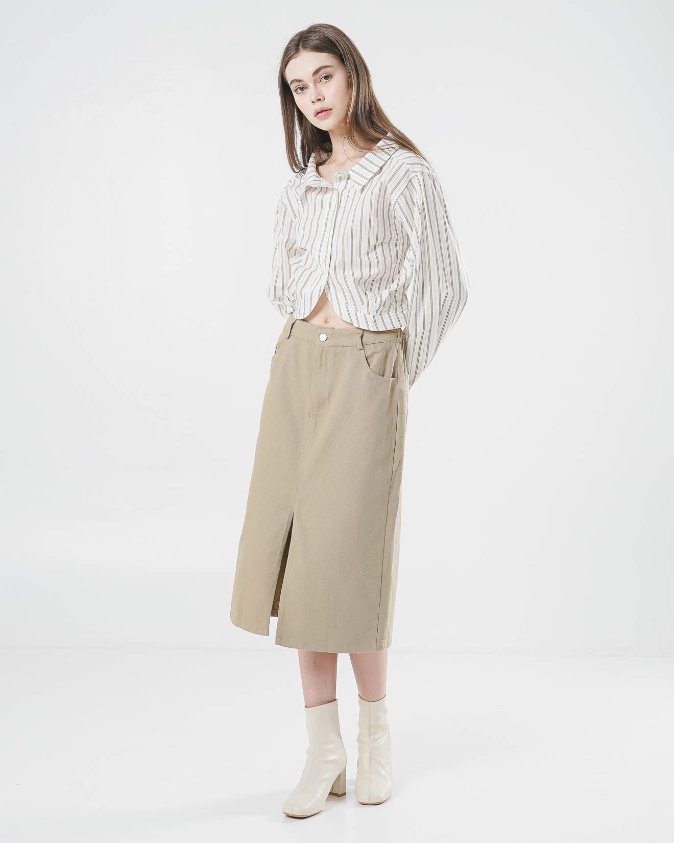 Michelle Striped Crop Brown Shirt – Baju Atasan Kemeja Wanita Casual - 189707