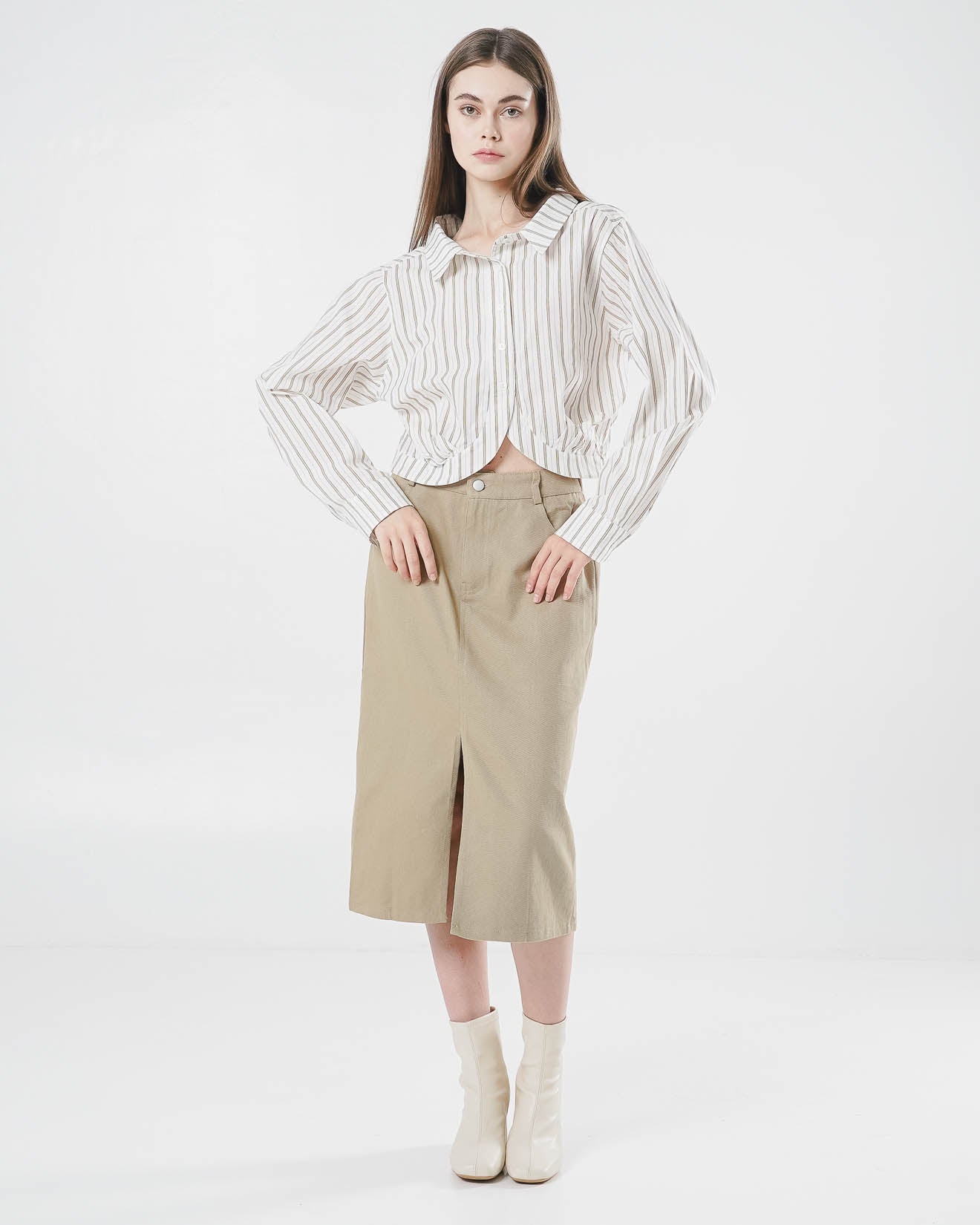 Michelle Striped Crop Brown Shirt – Baju Atasan Kemeja Wanita Casual - 189707