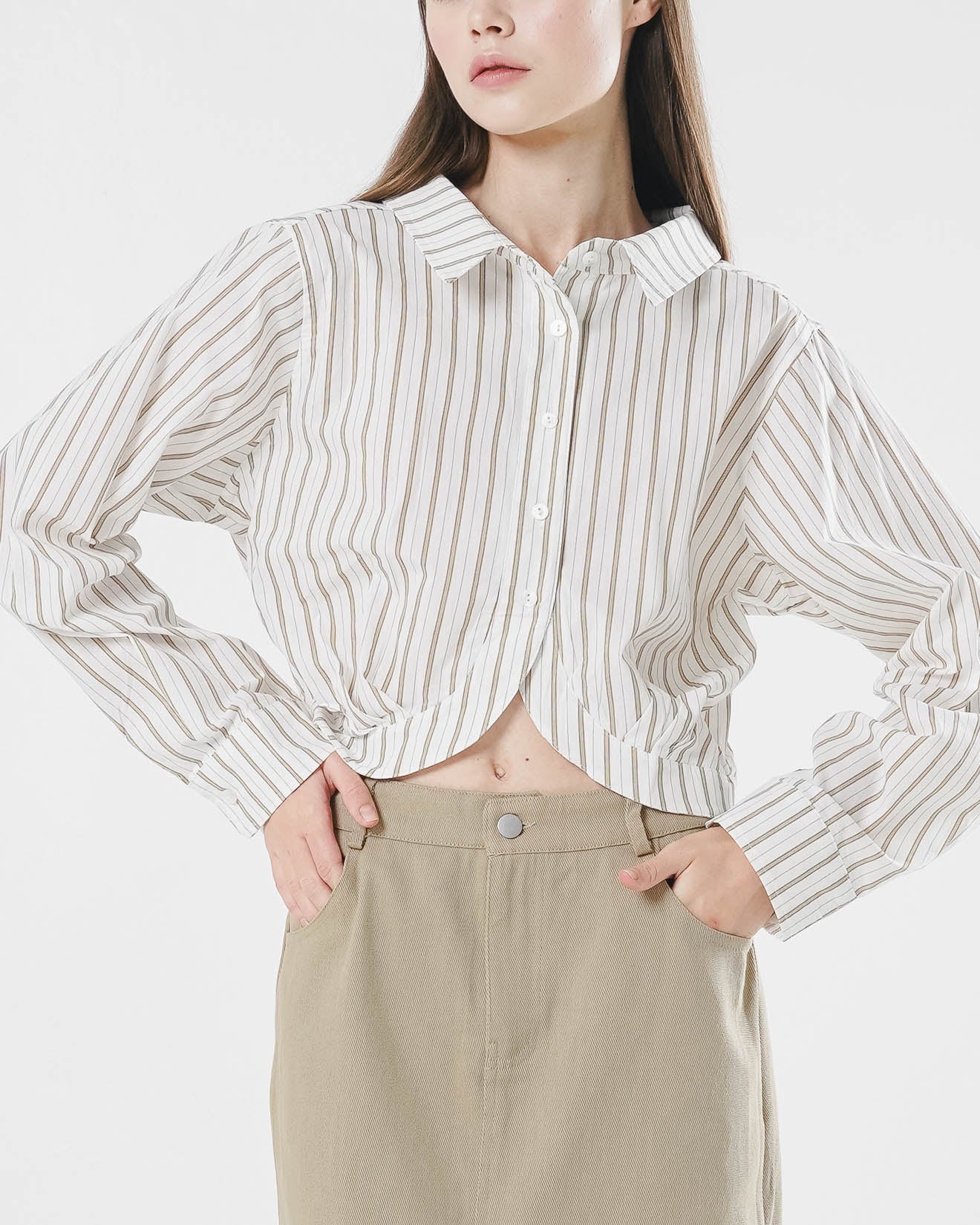 Michelle Striped Crop Brown Shirt – Baju Atasan Kemeja Wanita Casual - 189707