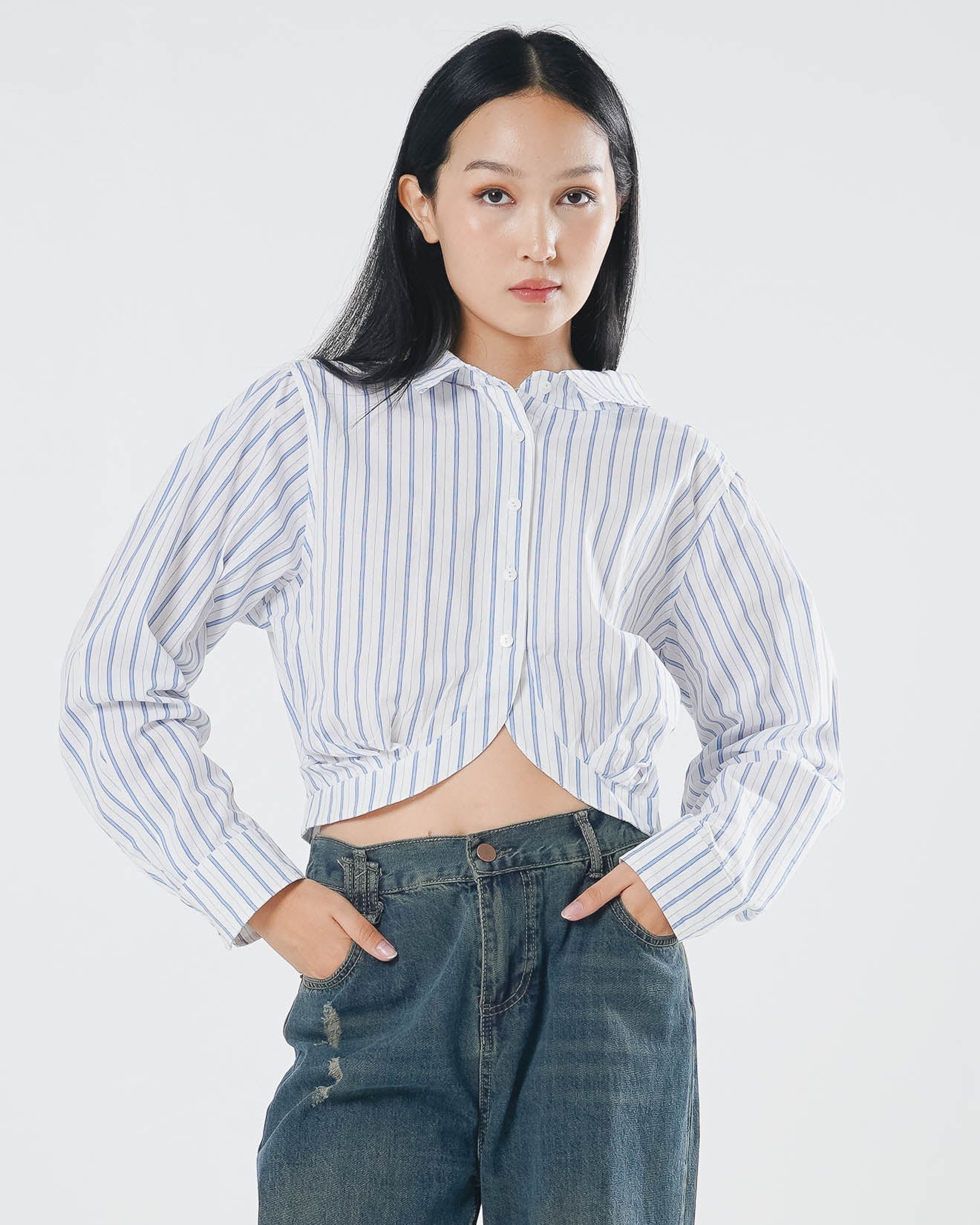 Michelle Striped Crop Blue Shirt – Baju Atasan Kemeja Wanita Casual - 189708