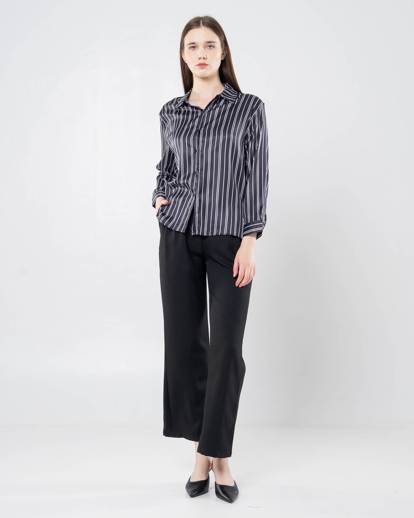 Behati Stripped Back Cut-Out Black Shirt – Atasan Kemeja Wanita -189710