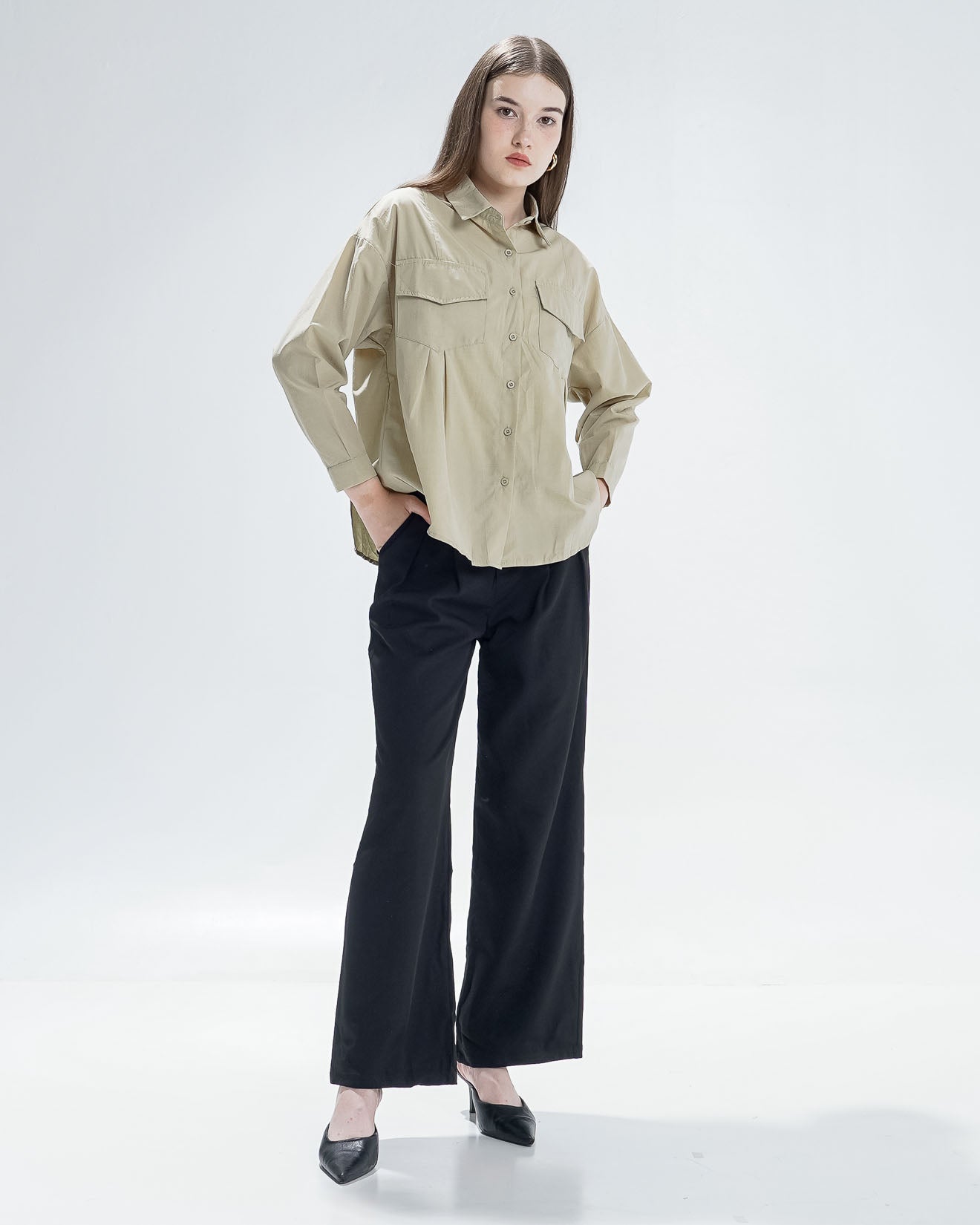 Jaela Oversized Sage Shirt – Kemeja Wanita Lengan Panjang - 189940