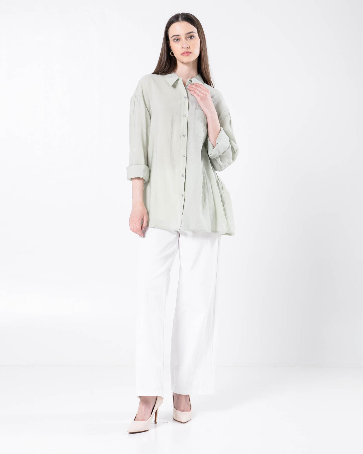 Moire Sheer Oversized Green Sage Shirt - Kemeja Wanita Lengan Panjang Hijab - 189943