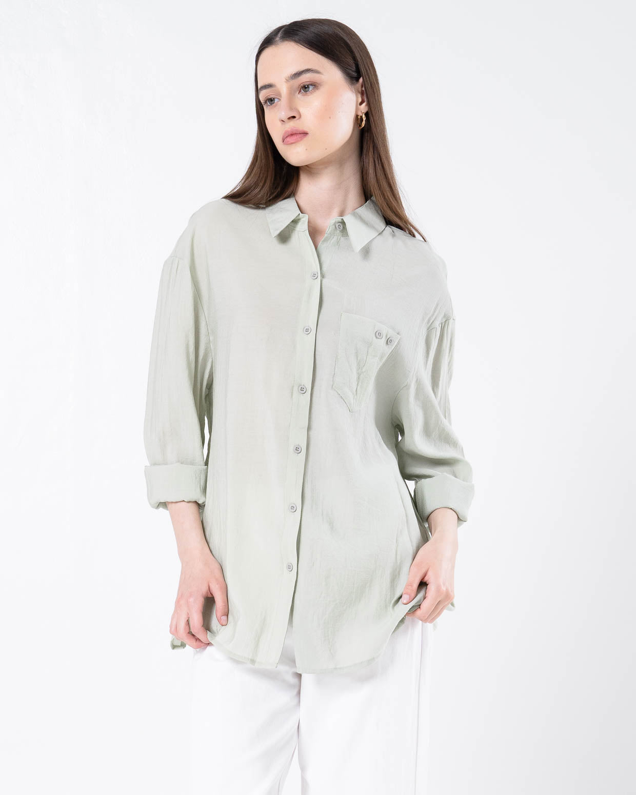 Moire Sheer Oversized Green Sage Shirt - Kemeja Wanita Lengan Panjang Hijab - 189943