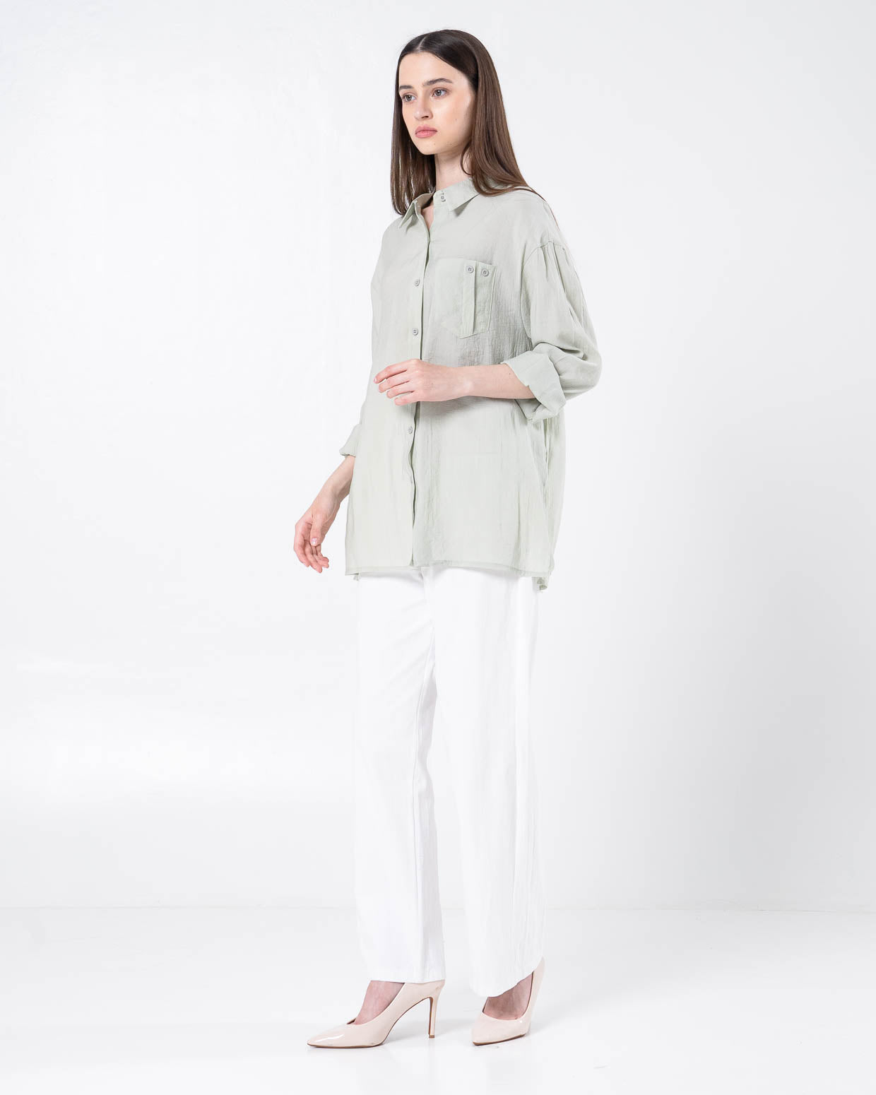 Moire Sheer Oversized Green Sage Shirt - Kemeja Wanita Lengan Panjang Hijab - 189943