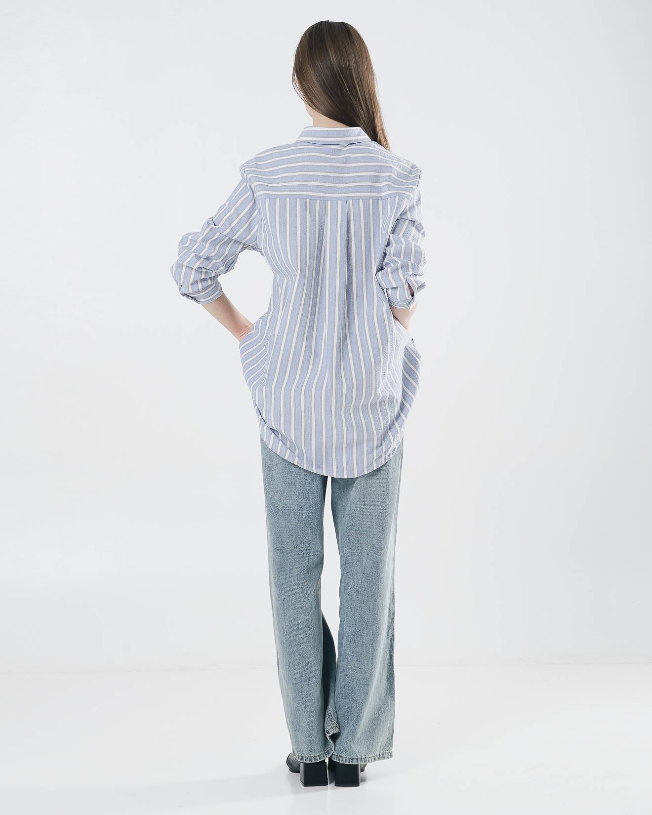 Almita Textured Striped Blue Shirt – Kemeja Casual Wanita Lengan Panjang - 189964