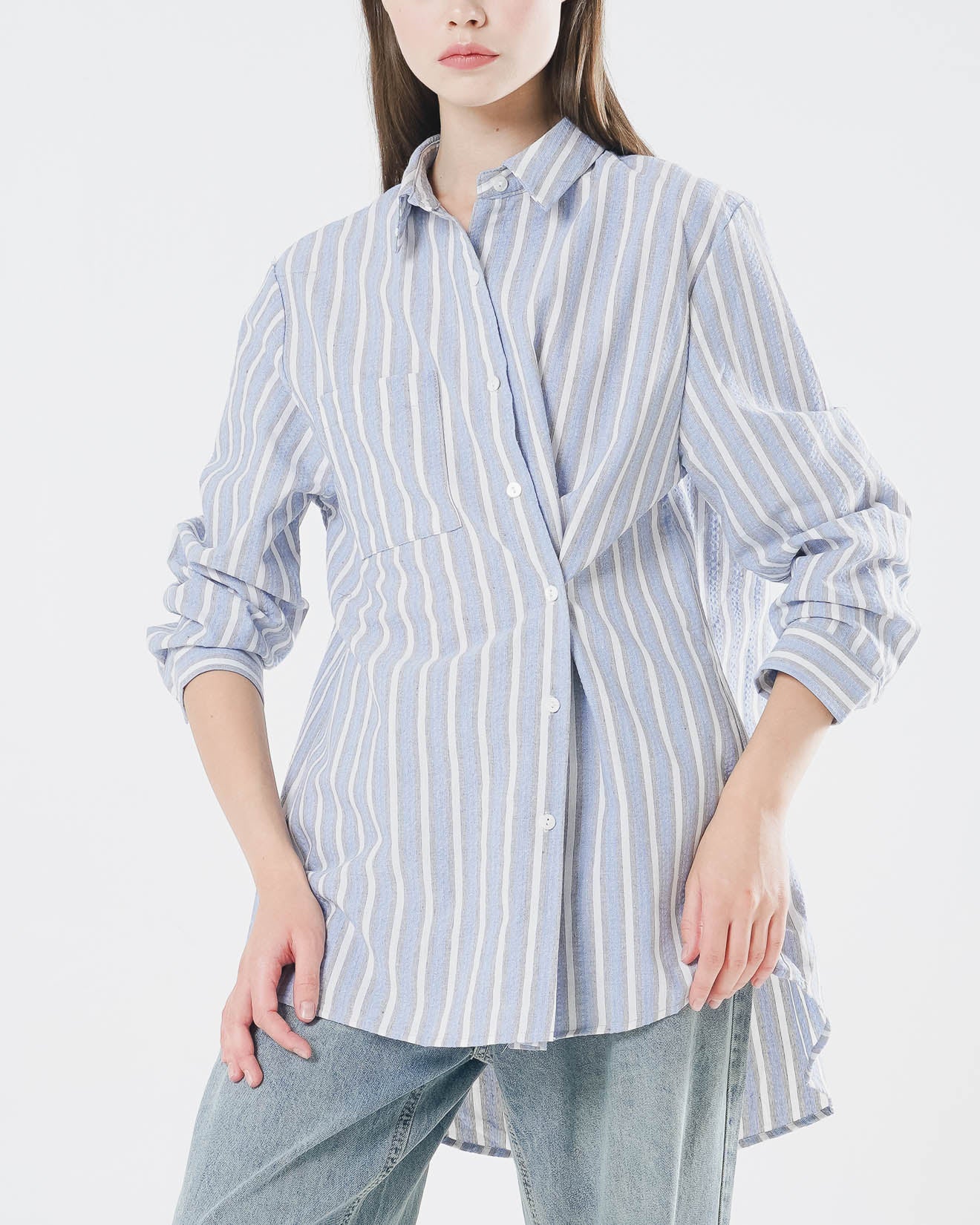 Almita Textured Striped Blue Shirt – Kemeja Casual Wanita Lengan Panjang - 189964