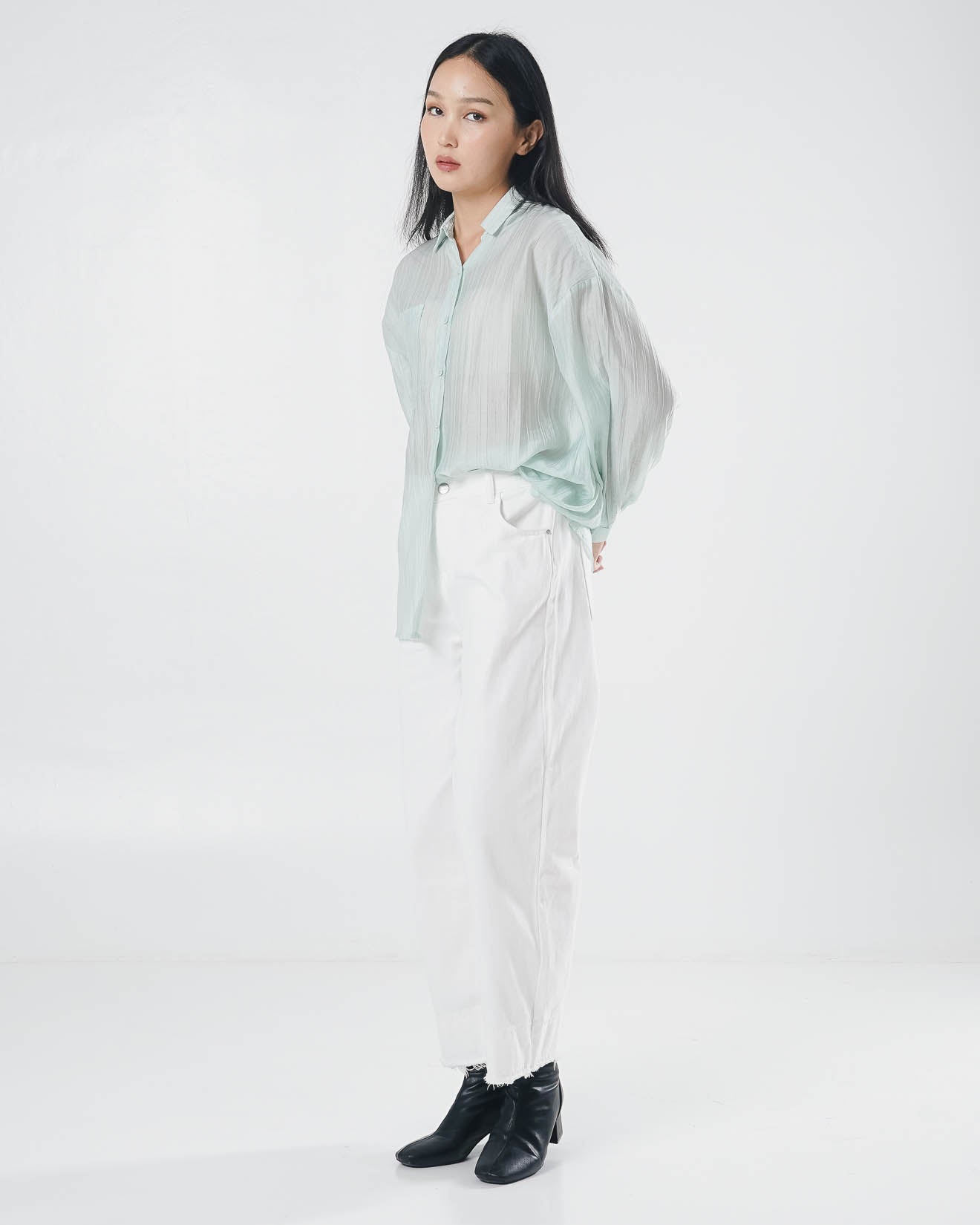 Alby Textured Sheer Sage Shirt – Kemeja Casual Wanita See Trough - 189966