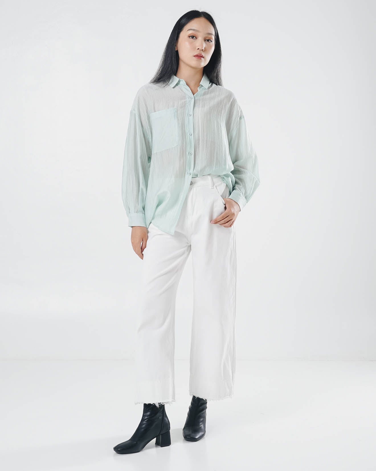 Alby Textured Sheer Sage Shirt – Kemeja Casual Wanita See Trough - 189966