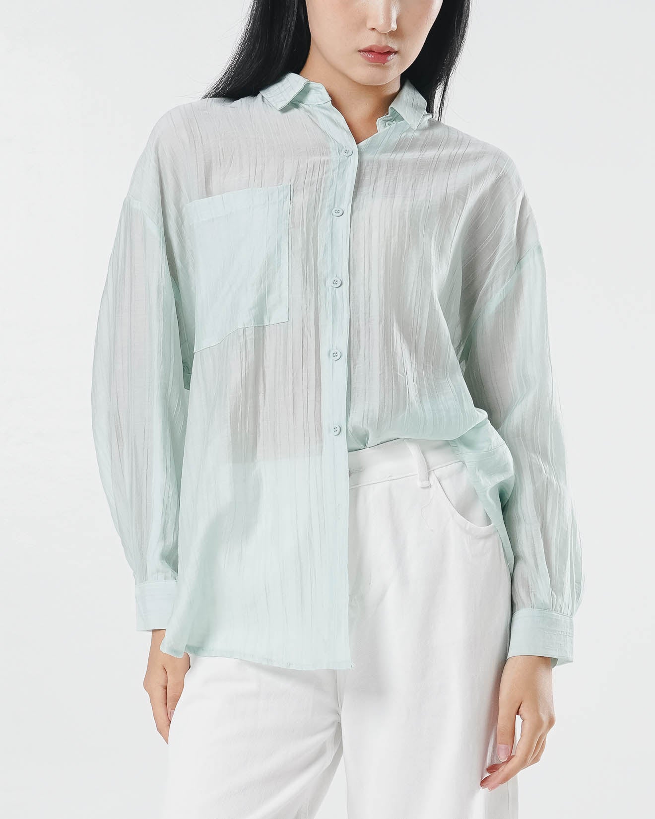 Alby Textured Sheer Sage Shirt – Kemeja Casual Wanita See Trough - 189966