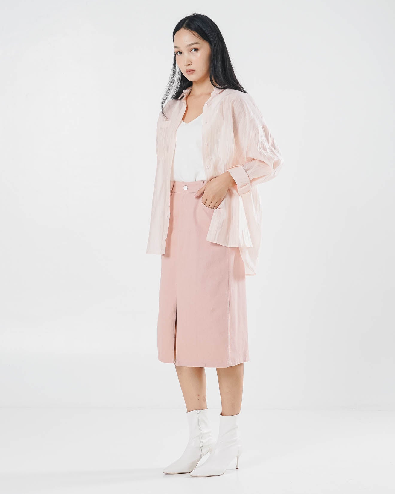 Alby Textured Sheer Pink Shirt – Kemeja Casual Wanita See Trough - 189967