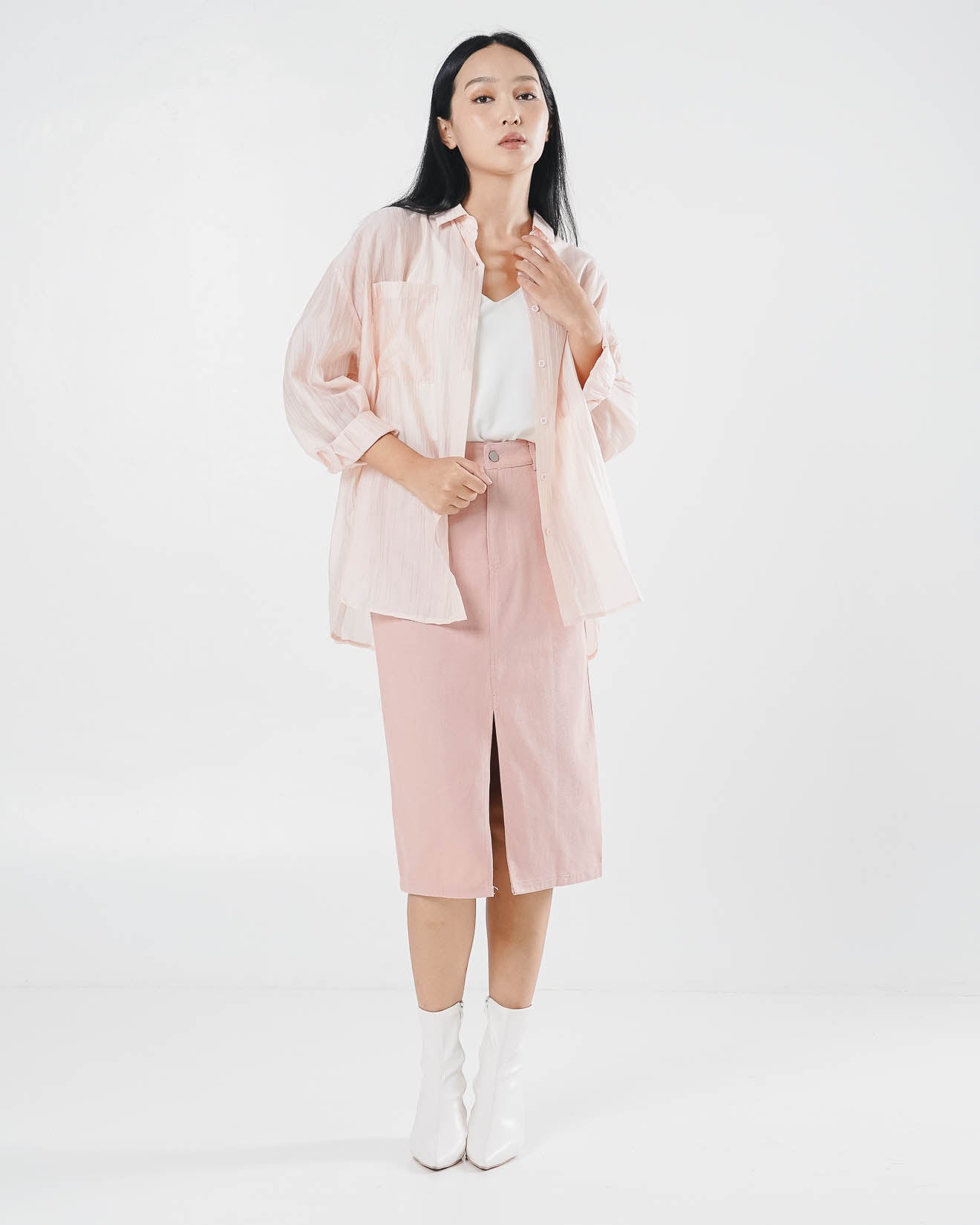 Alby Textured Sheer Pink Shirt – Kemeja Casual Wanita See Trough - 189967