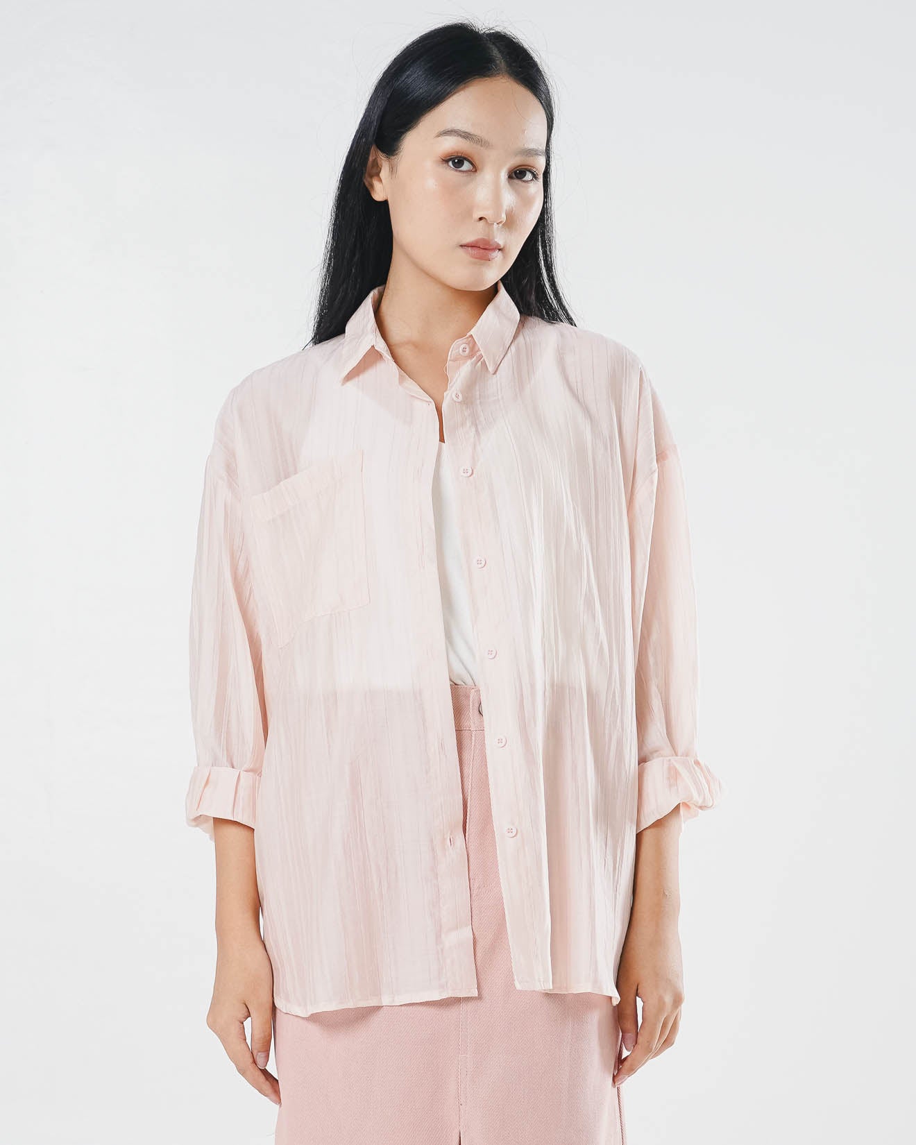 Alby Textured Sheer Pink Shirt – Kemeja Casual Wanita See Trough - 189967