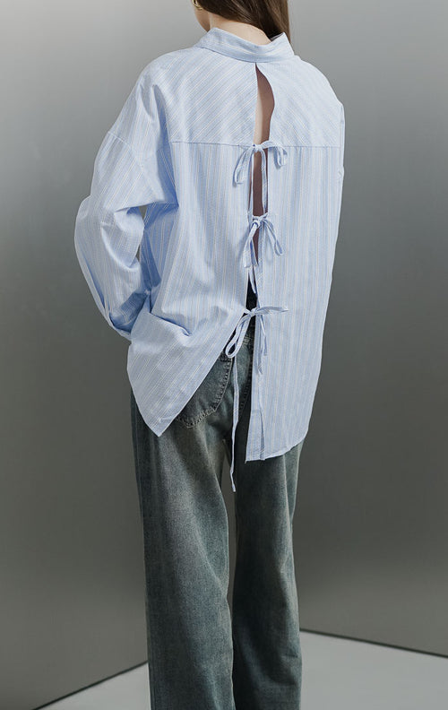 Alvina Back Tie Blue Shirt -  Kemeja Wanita Kekinian Lengan Panjang - 189972