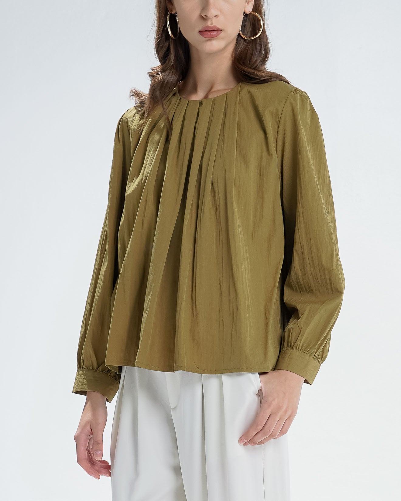 Ovidia Pleated Brown Blouse – Atasan Wanita Lengan Panjang - 189975