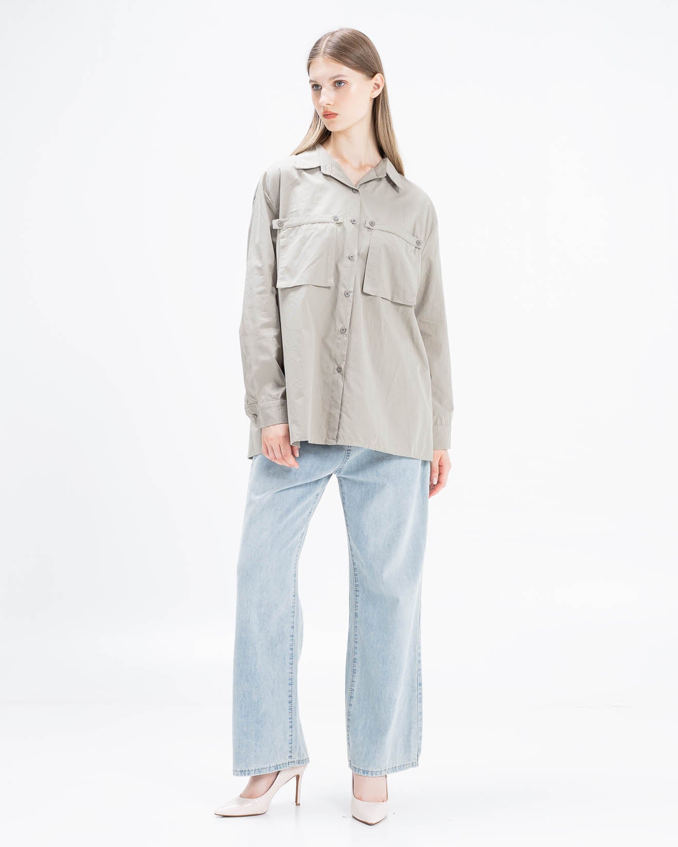 Olwyn Oversized Pocket Green Sage Shirt – Atasan Lengan Panjang Wanita - 189983