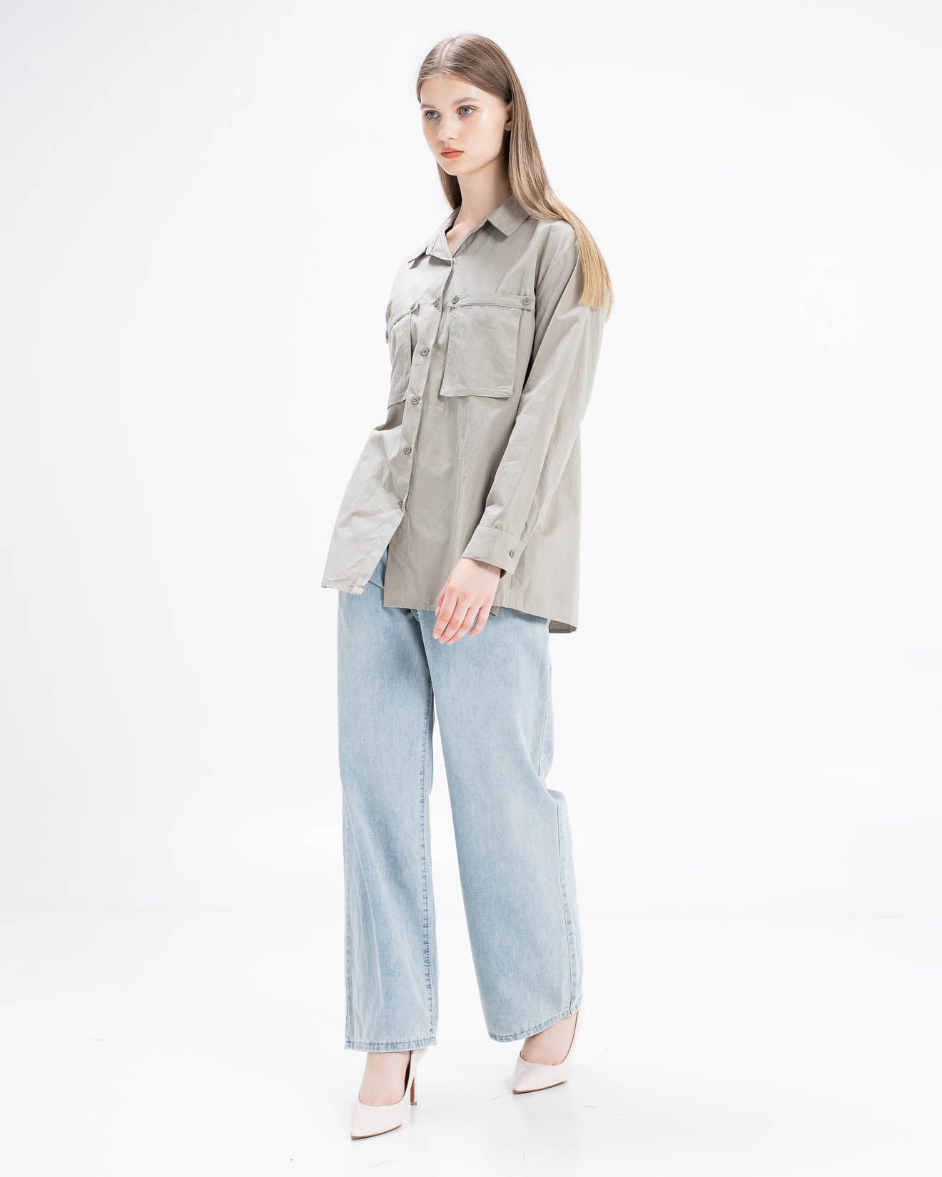 Olwyn Oversized Pocket Green Sage Shirt – Atasan Lengan Panjang Wanita - 189983