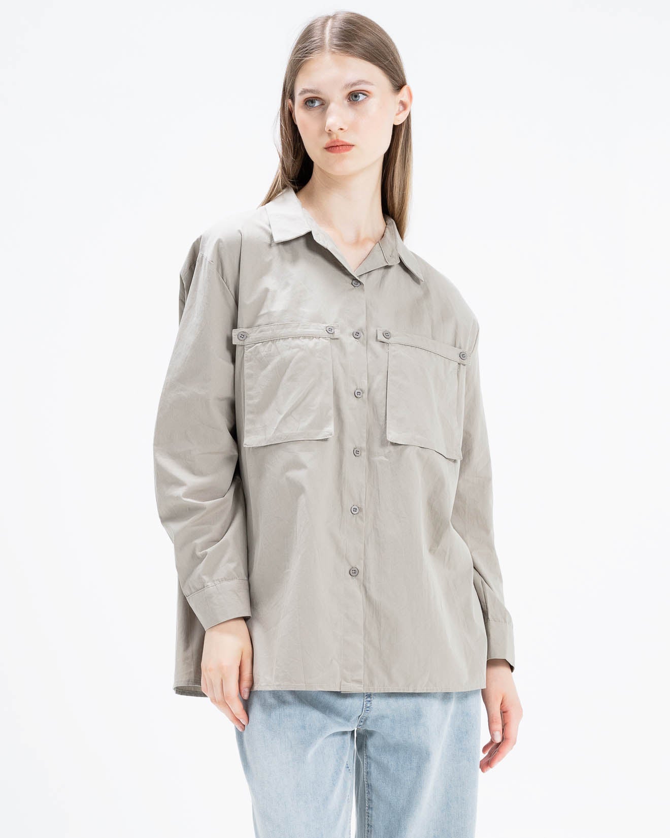 Olwyn Oversized Pocket Green Sage Shirt – Atasan Lengan Panjang Wanita - 189983