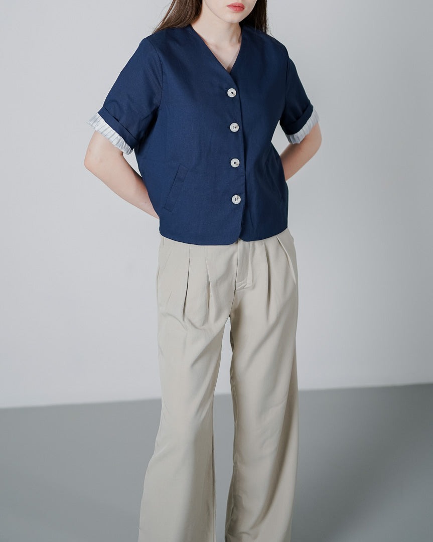 Vixen Linen Navy Top - Atasan Korean Wanita - 190205