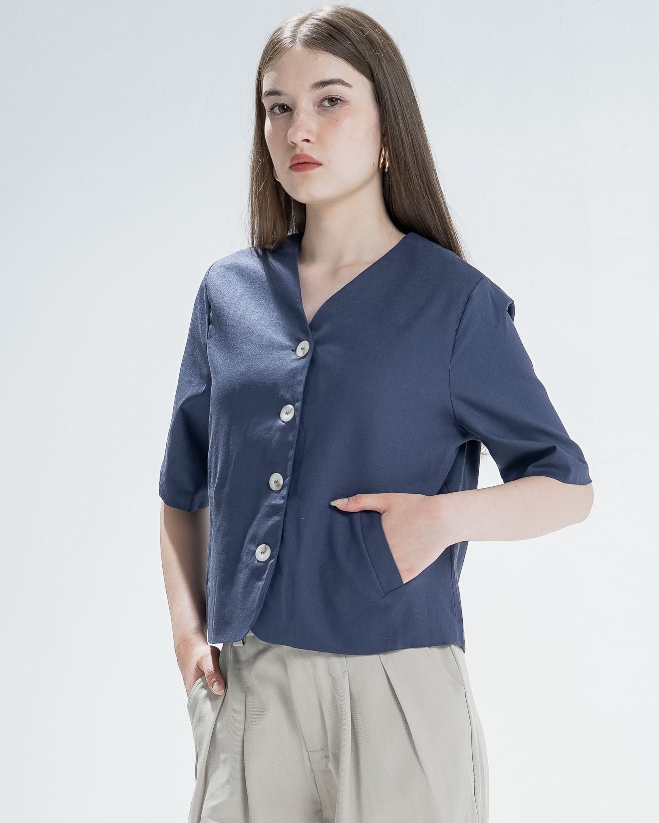 Vixen Linen Navy Top - Atasan Korean Wanita - 190205